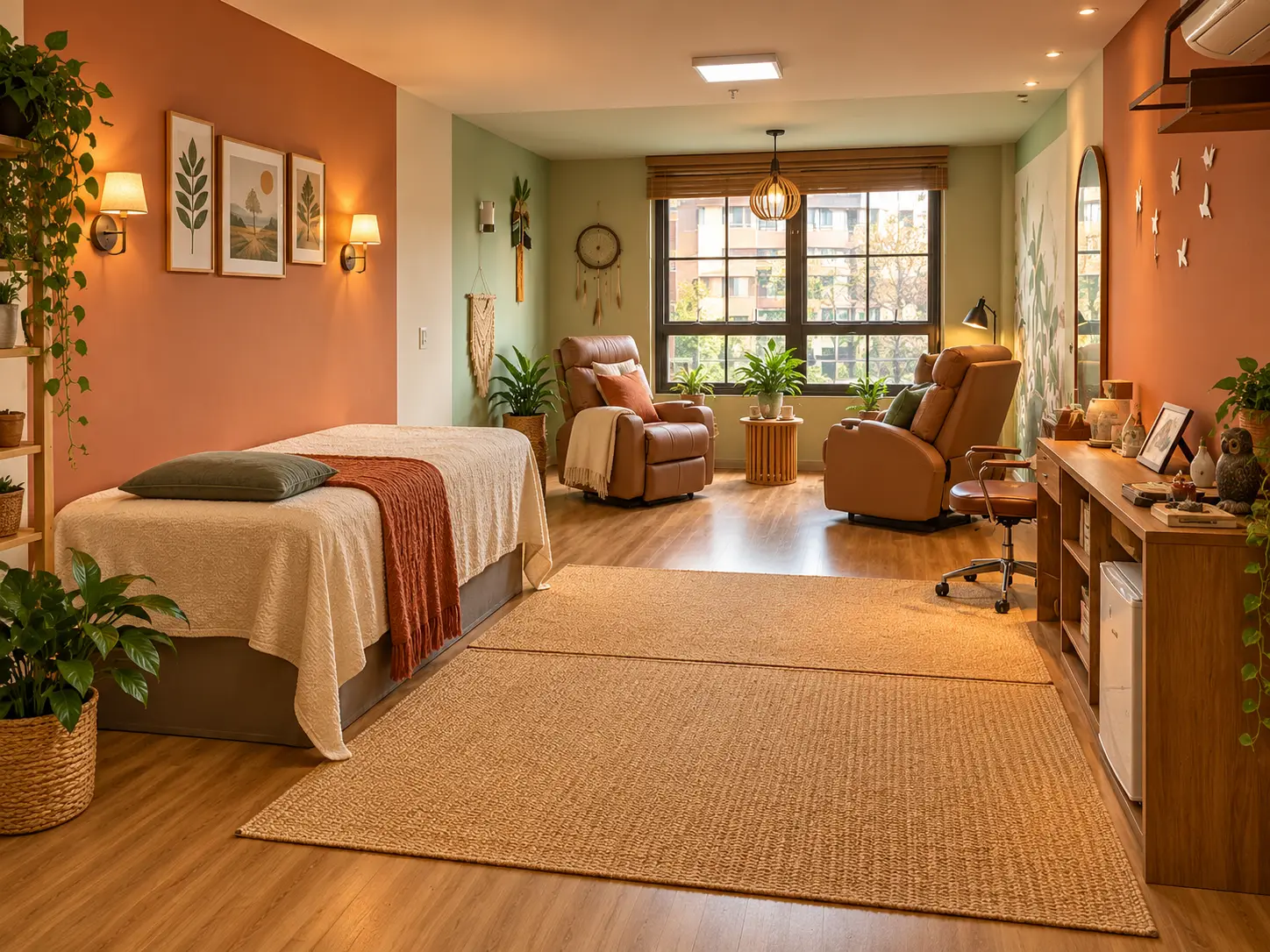 Ambiente acolhedor com poltronas, plantas e luz natural